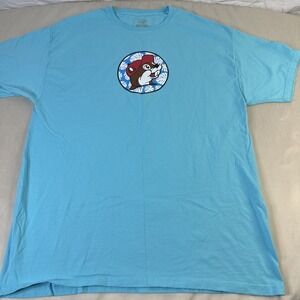 Buc-ee's Florida Men's XLarge T-Shirt Tropical Parrot Holding Tumbler Cadet Blue